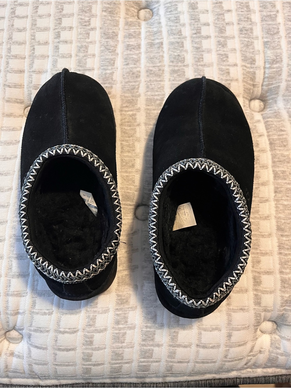 UGG Black Suede Shearling Lined Slippers with Braided Trim
